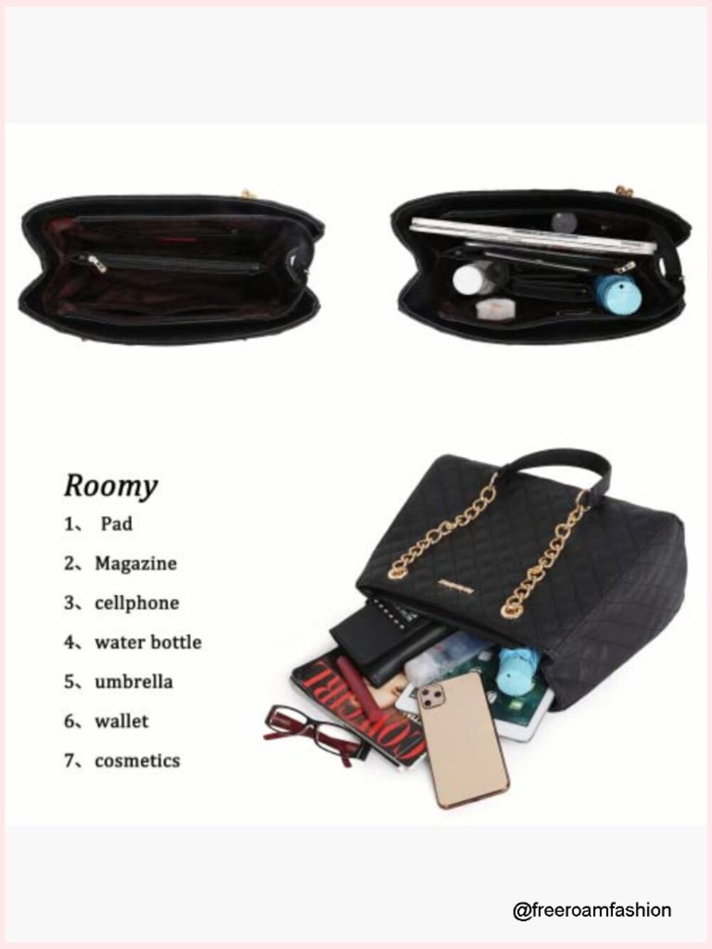 Quilted Vegan Leather Chain Shoulder Tote Bag - Picture 4 of 7